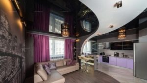  Stretch ασπρόμαυρη οροφή: επιλογές σχεδιασμού σε διαφορετικά δωμάτια