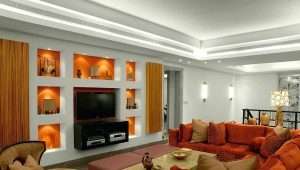  Plasterboard niches for TV: interior design examples