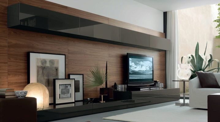  Pereții sub televizor într-un stil modern.