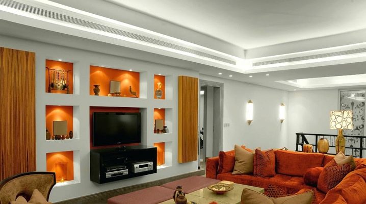 Plasterboard niches for TV: interior design examples