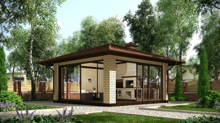  Glazed gazebos with barbecue, barbecue and stove: options for designs
